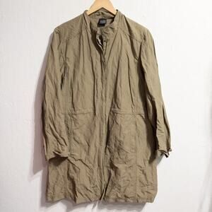 Eileen Fisher Jacket XL Button Light Crinkle Cotton Nylon Metallic Khaki Tan